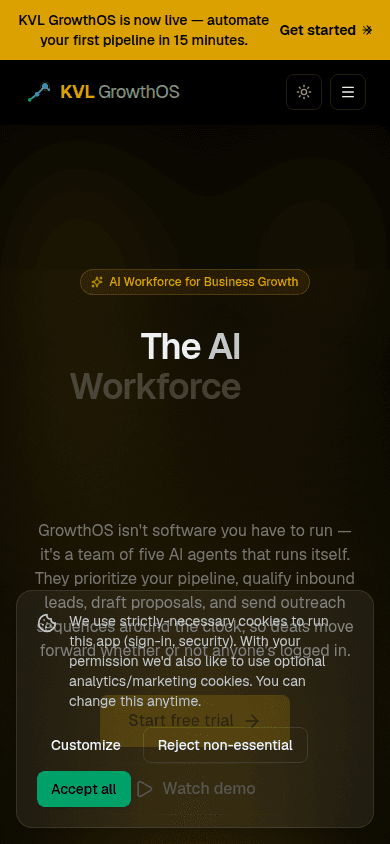 KVL GrowthOS interface on mobile