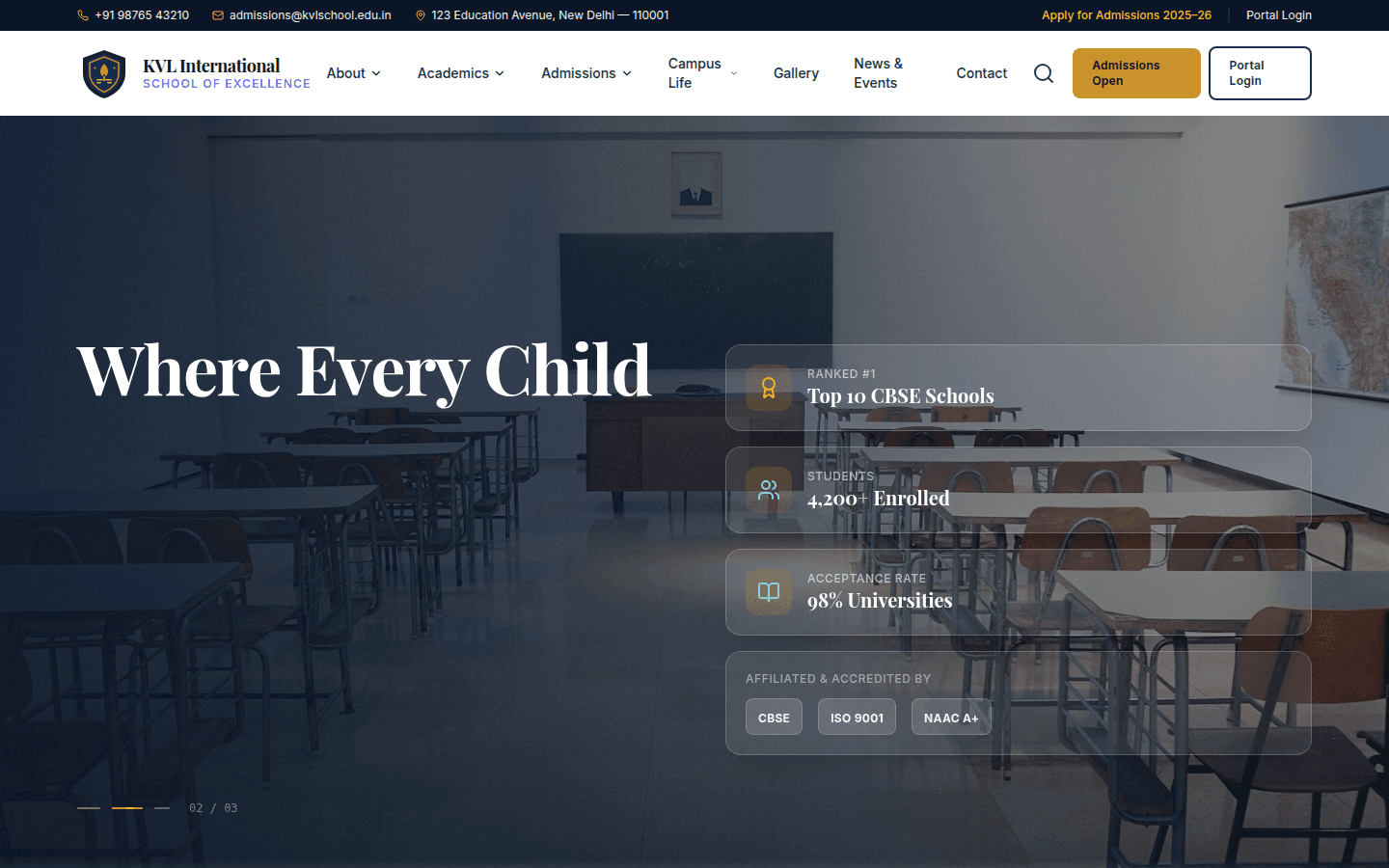 KVL International School homepage on desktop